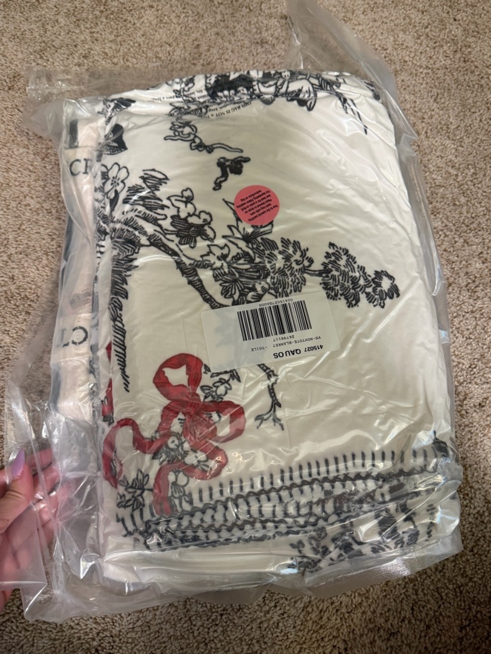 Victoria's Secret Cream Blanket with Black Floral Print and Red Ribbon Accent